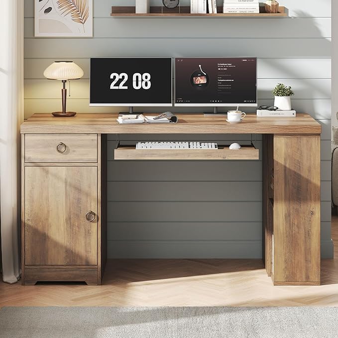 HSH 55 Inch Executive Office Desk with Drawers Farmhouse Computer Desk with Keyboard Tray and Storage Rustic Wood Work Study Writing Pc Table Studio Desks Home Workstation with Shelves and Cabinet