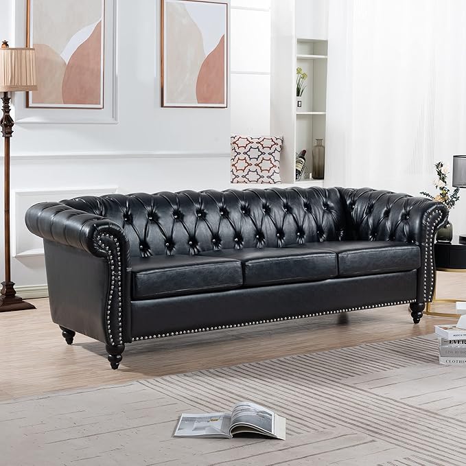 KEIKI 85 PU Leather Chesterfield Sofa with Rolled Arms &amp High Resilience Cushion Modern Style Upholstered 3-Seater Button Tufted Couch with Birch Legs Easy Assembly for Living Room Black