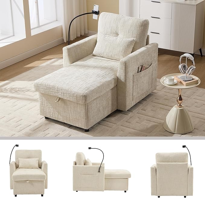 Oversized Multifunctional Recliner Chair with Phone Holder Chenille Ergonomic Lazy Boy Recliner Chair with Storage Backrest Swivel Rocking Chair for Living Room (Beige)