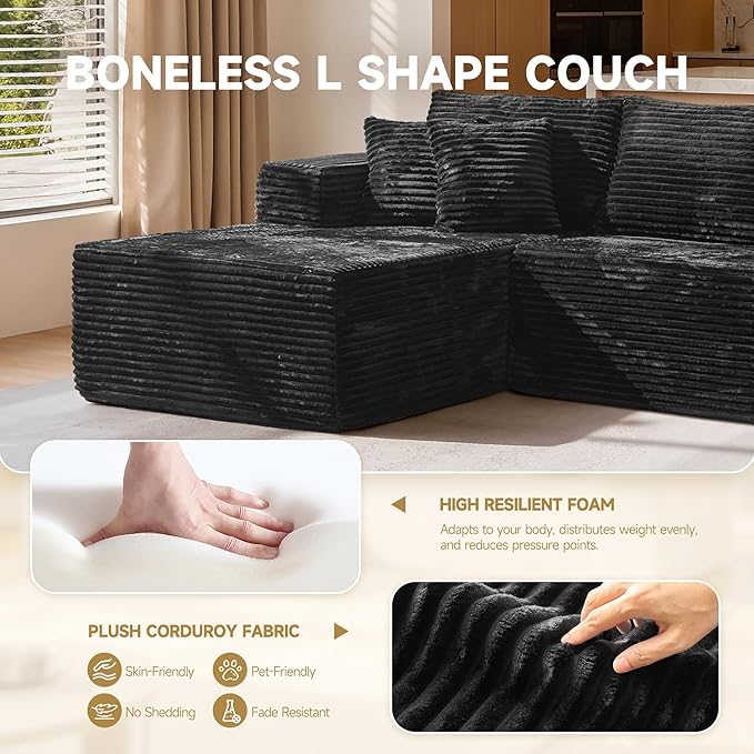 108 Modular Cloud Sofa High-Density Foam Sectional Couch Oversized Convertible L-Shaped Sofa Bed with Plush Fabric Deep Seats Wide Armrests Boneless Couches for Living Room Black