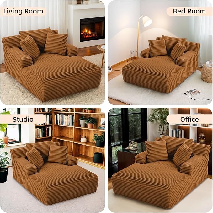 Oversized Chaise Lounge Chair Indoor Corduroy Sofa Bed with Throw Pillows Recliner Chair Comfy Large Deep Seat Sofa Couch for Living Room Bedroom Apartment (Orange)