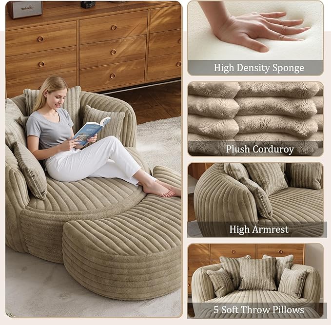 50 Oversized Chaise Lounge Indoor Round Reading Chair Lounge Chair with Ottoman Boneless Sofa Bed Large Fluffy Plush Corduroy Chaise Chair for Living Room Playroom Bedroom Camel