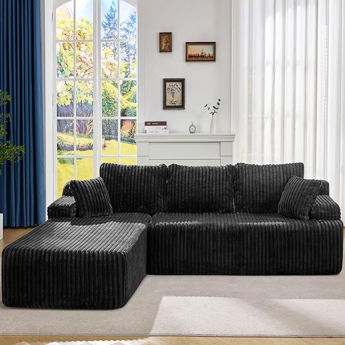 Modular Sectional Sofa Couches L-Shape Couch 3 Seat Modular Sofa Memory Foam Sectional Couches for Living Room Cloud Couch with Oversized Chaise (Black Stripe 108 Left Facing Chaise)