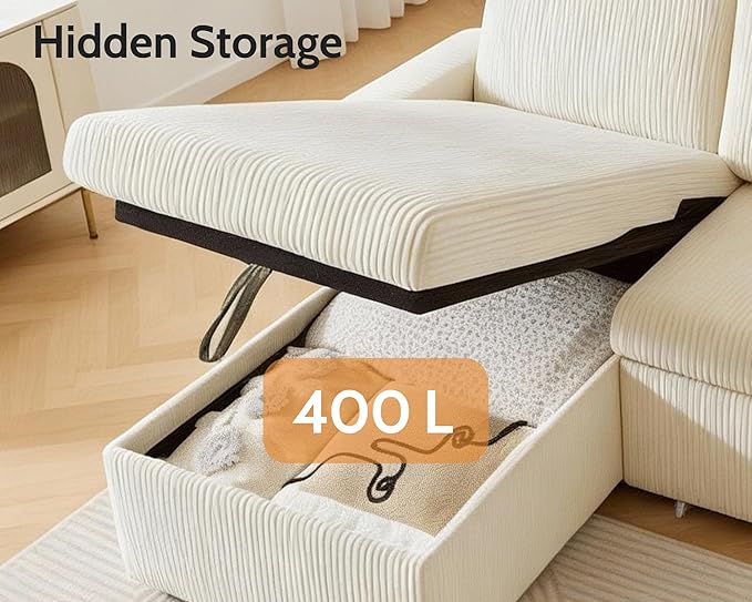 WEUP 82 L Shaped Sectional Sleeper Sofa Bed with Pull Out Bed Sectional Sleeper Couch Pull Out Couch with Reclining Backrest/Reversible Storage Chaise/USB Ports/Tool-Free Assembly Corduroy Beige