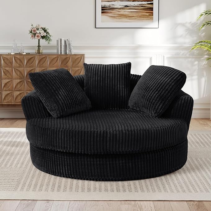 61W Oversized Round Chaise Lounge Chair Indoor Upholstered Corduroy Large Circle Boneless Chair with Deep Seat No Assembly Required Modern Comfy Cloud Sofa Chairs for Living Room Bedroom(Black)