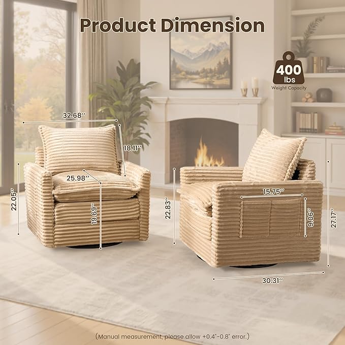 Swivel Accent Chair Set of 2 Modern Sofa Chairs for Living Room Plush Upholstered Cloud Chair with Double Layer Thick Cushions Bedroom Reading Nook Armchair Beige