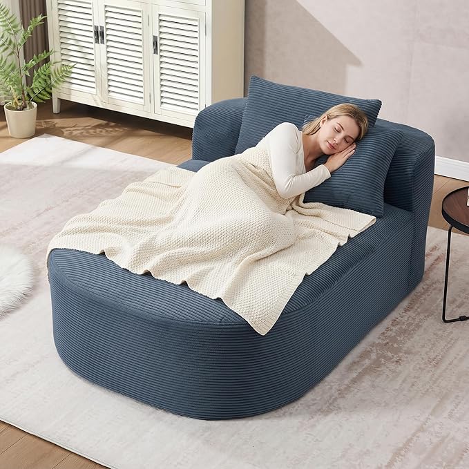 46 Chaise Lounge Chair Indoor Cloud Sleeper Sofa Bed with Pillows Corduroy Upholstered Sofa Couch for Living Room Apart No Assembly Required Blue