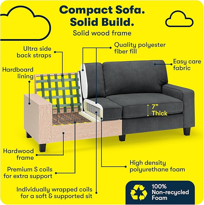 Serta Palisades 78 Track Arm Sofa Easy Care Polyester Soft Pillow Back Pocket Coil Seat Cushions Removable Covers Loveseat or Couch for Small Spaces Living Rooms or Bedrooms Charcoal