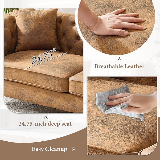 TTK 79 Chesterfield Faux Leather Sofa Couch Upholstered Tufted Rolled Arm 3-Seater Couch with 2 Pillows Mid Century Modern Chesterfield Sofa for Living Room Office Apartment Brown | Button Tufte