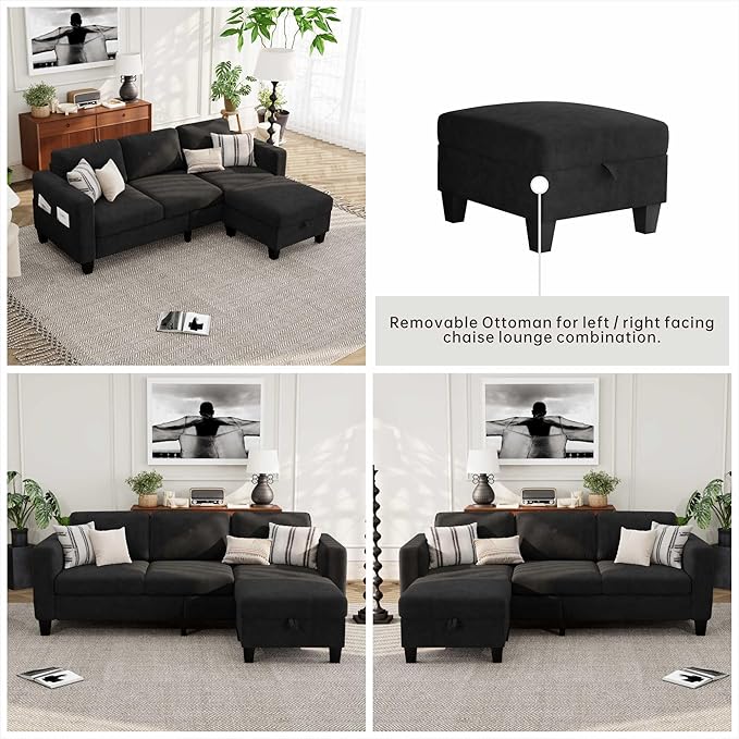 Velvet Small Sectional Couch L Shaped Sectional Black Couch in a Box Small Couches with Ottoman 3 Seater Sofa for Living Room Apartment Dorm Office
