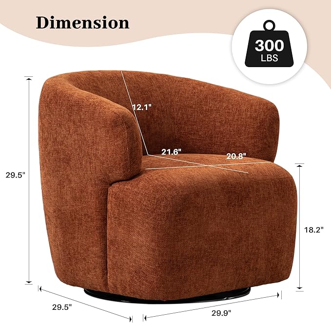 Swivel Accent Chair Upholstered Fabric Barrel Chair Chenille Round Boucle Armchair for Living Room Bedroom Orange