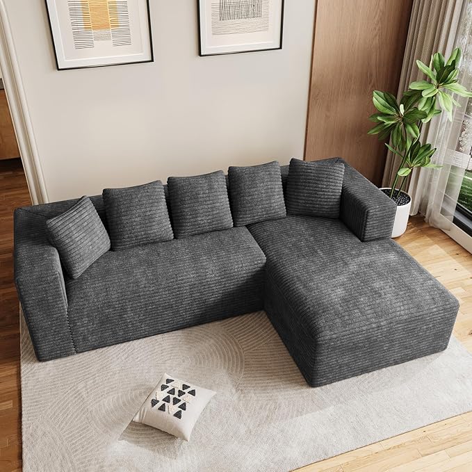 Oversized L Shaped Boneless Sectional Couches for Living Room 107 Comfy Fluffy Cloud Modular Sectional Sofa Plush Corduroy Memory Foam Floor Sofa with Right Facing Chaise Couch