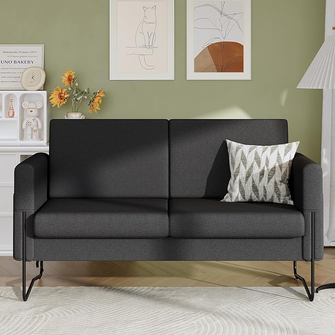 STHOUYN Small Black Love Seat Couches with USB Port &amp Side Pocket Small Loveseat for Small Spaces Mini Sofa for Bedroom 2 Seater Office Couch (Black)