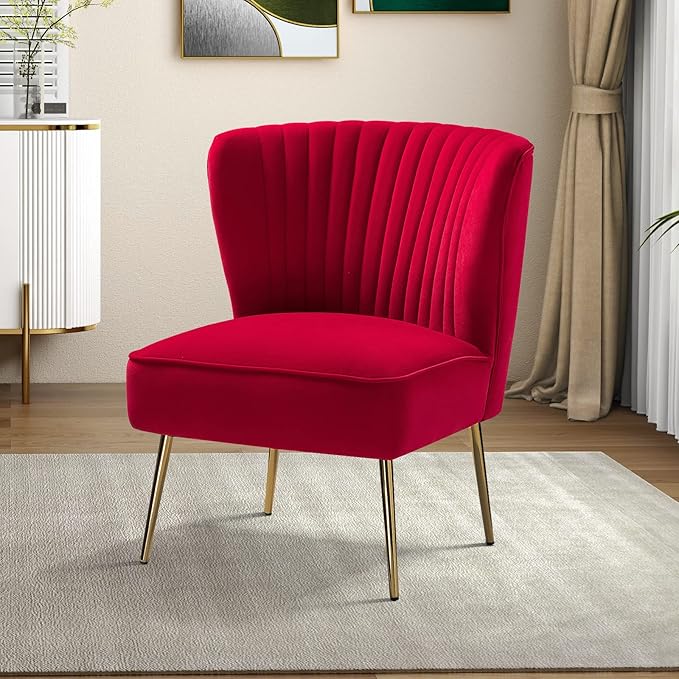 Tina's Home Velvet Armless Accent Chair Upholstered Modern Small Side Chair with Golden Legs Comfy Cute Wingback Slipper Chair for Living Room Study Beauty Room Thickly Padded(RED)