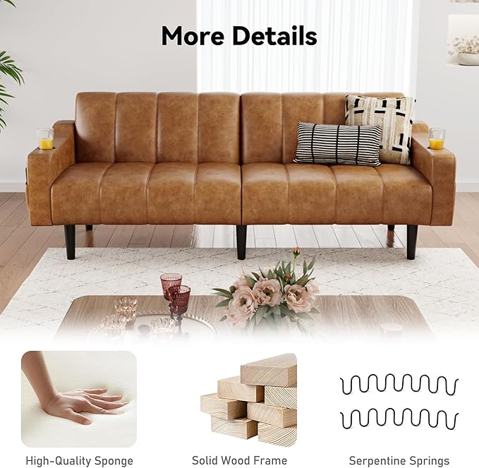 Brelice 80'' Leather Couch Futon Sofa Bed Faux Leather Couch with Adjustable Backrest 2 Cup Holders &amp Side Pockets Mid Century Modern Sofa for Living Room Bedroom Brown