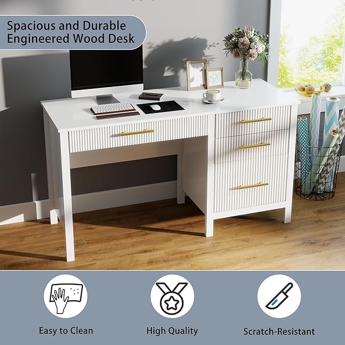 White Computer Desk with Storage: 54 Wooden Executive Office Desk with 4 Drawers Home Office Desks with File Drawers Fluted Writing Desks for Study Living Room