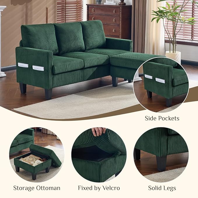 Karl home Small Sectional Couch L Shaped Sofa with Movable Storage Ottoman Corduroy Upholostered Sofa Chaise with Side Pockets for Living Room Apartment Studio Green