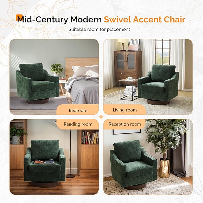 VINGLI Mid-Century Modern Swivel Accent Chair 360°Upholstered Armchair Home Sofa with Track Arms for Living Room Bedroom Reading Room Club Swivel ChairChenille Green