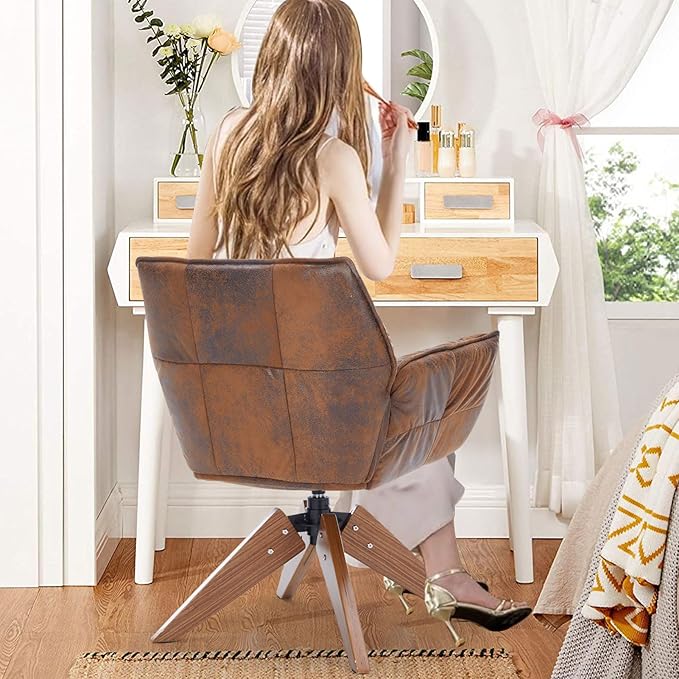 Mid Century Accent Chair Hot Stamping Cloth Desk Chair no Wheel Modern Cozy Vanity Chair Advanced &amp Wear-Resistant with Amrest Wood Legs for Living Room Reading Room Bedroom (Brown)
