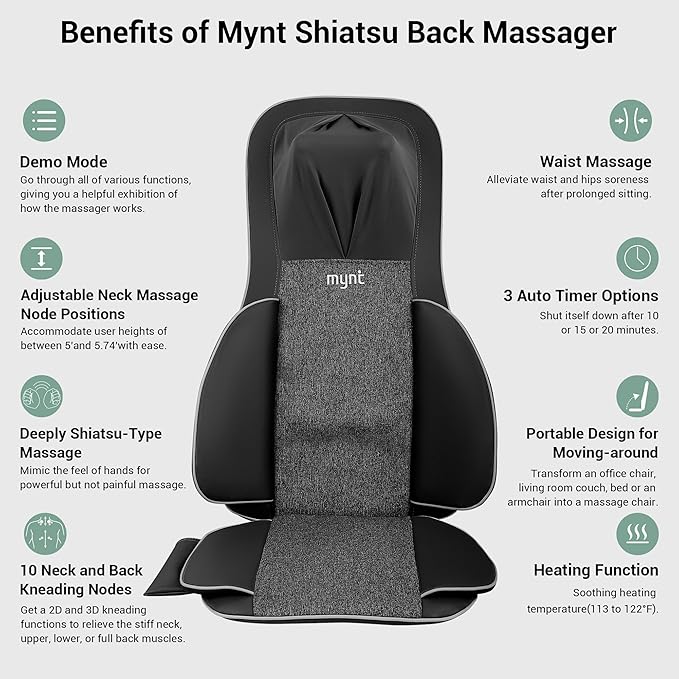 Mynt FSA Eligible HSA Approved Shiatsu Neck and Back Massager for Chair with 10 Deep Kneading Nodes 2D &amp 3D Back Massage with Heat Portable Spot Massage Chair Pad (Black)