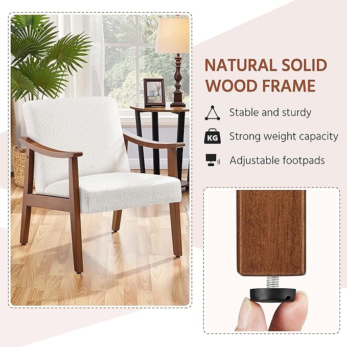 Yaheetech Fabric Accent Chair Mid-Century Modern Armchair with Solid Wood Legs Reading Leisure Chair with High Back for Living Room Bedroom Waiting RoomIvory