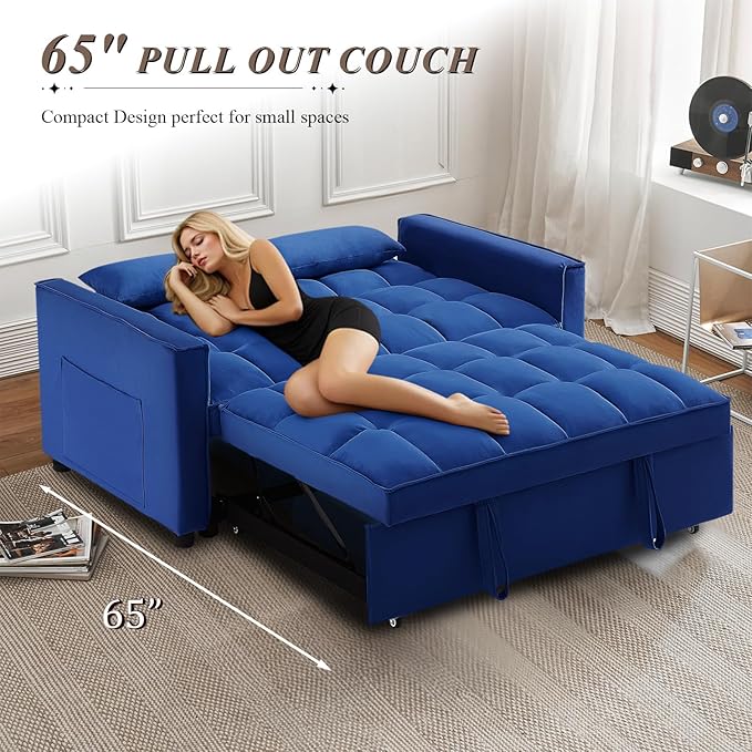 3 in 1 Convertible Sleeper Sofa Bed Futon Couches for Living Room with Side Pocket/Adjustable Backrest Velvet Upholstered Pull Out Couch Small Loveseat Sofa Bed for Bedroom Office Small Spaces