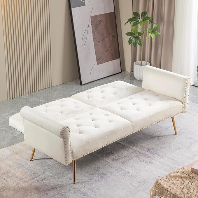 Modern Velvet 2 in 1 Sofa Bed FutonConvertible Folding Sleeper Couch Bed with 2 Pillows &amp Golden Metal Legs73 Tufted Recliner Loveseat for Living Room Apartment Office (Beige)