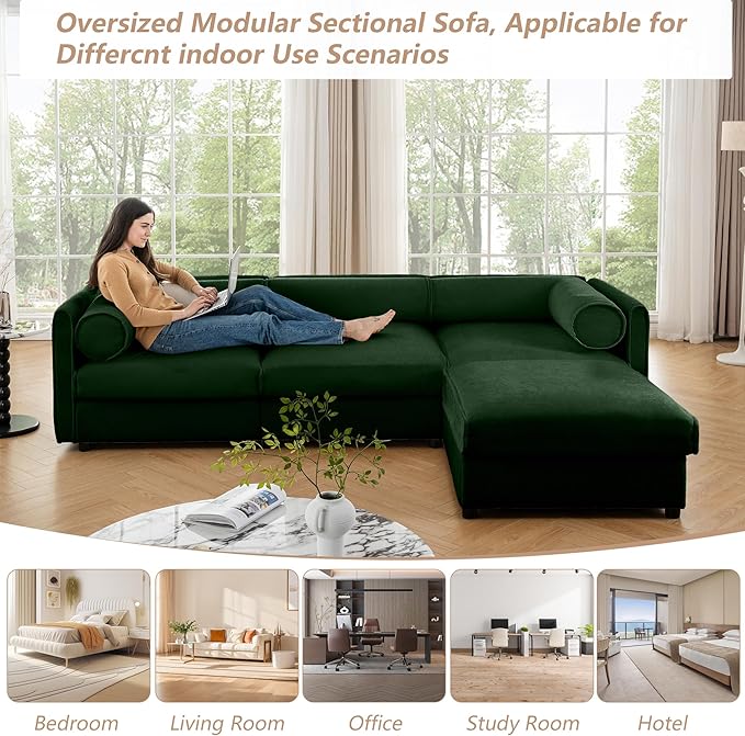 Oversized Modular Sectional Sofa 109 Chenille L-Shaped Sofa with Cylindrical Backrest &amp Armrest Modern Comfy 3-Seat Sofa with Ottoman Upholstered Deep Seat Couch for Living Room Green