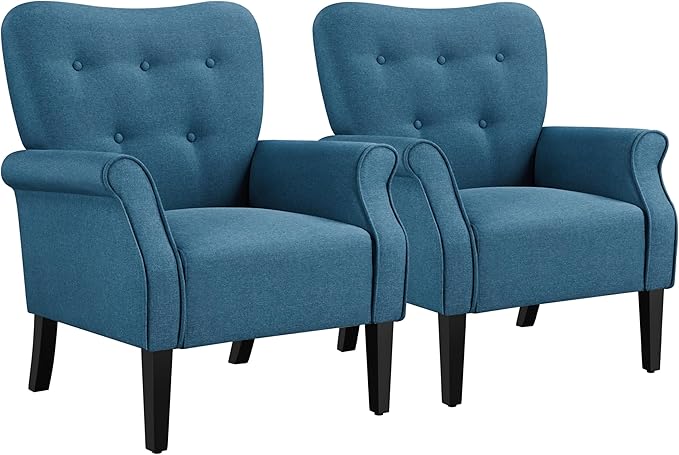 Yaheetech Modern Armchair Mid Century Accent Chair with Sturdy Wood Legs and High Back for Small Space Upholstered Fabric Sofa Club Chair for Living Room/Bedroom/Office Set of 2 Navy Blue