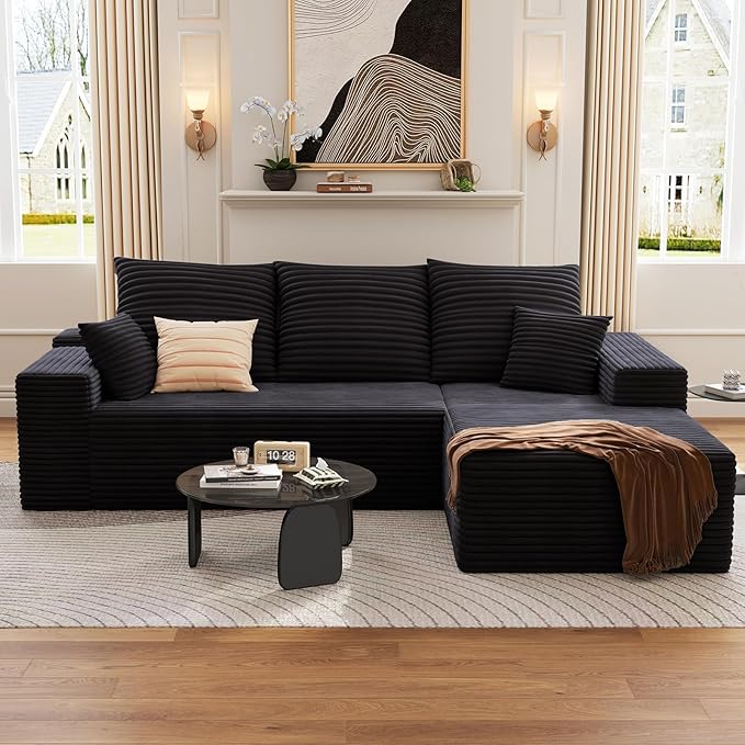 107 Cloud Sectional Couch with L-Shape Chaise Modern Modular Sofa with Deep Seat Corduroy Upholstered Couches for Living Room BedroomNo Assembly Required(Black Right Facing)