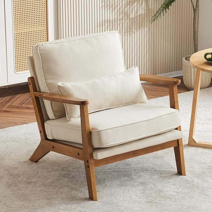 Karl home Accent Chair Wide Armrest Mid-Century Lounge Chair Linen Fabric Armchair with Lumbar Pillow &amp Solid Wood Frame for Living Room Bedroom Balcony Beige