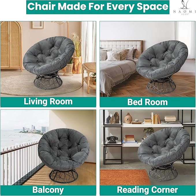 Naomi Home 40” Papasan Chair Indoor with Cushion and Frame – Round Wicker Papasan Chair with Thick Tufted Cushion Sturdy Metal Base Large Reading Chair for Bedroom &amp Living Room Dark Gray