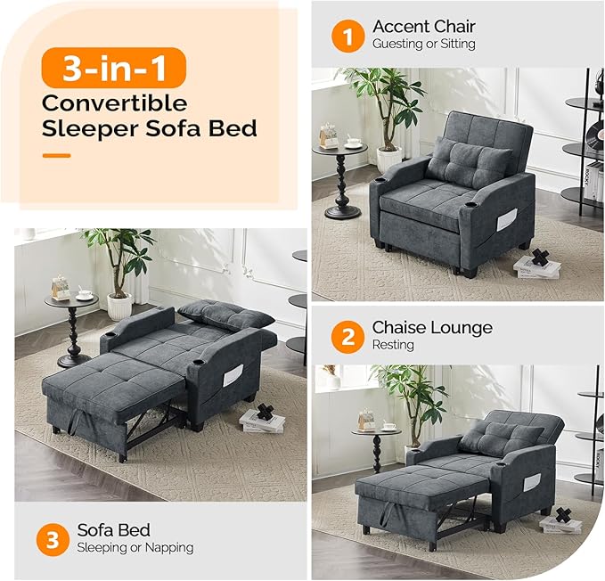 VINGLI Dark Grey 3-in-1 Convertible Futon Sofa Bed Pull Out Couch Bed Adjustable Recliner Chair with USB Ports Cup Holders Side Pockets for Living Room Bedroom Small Spaces