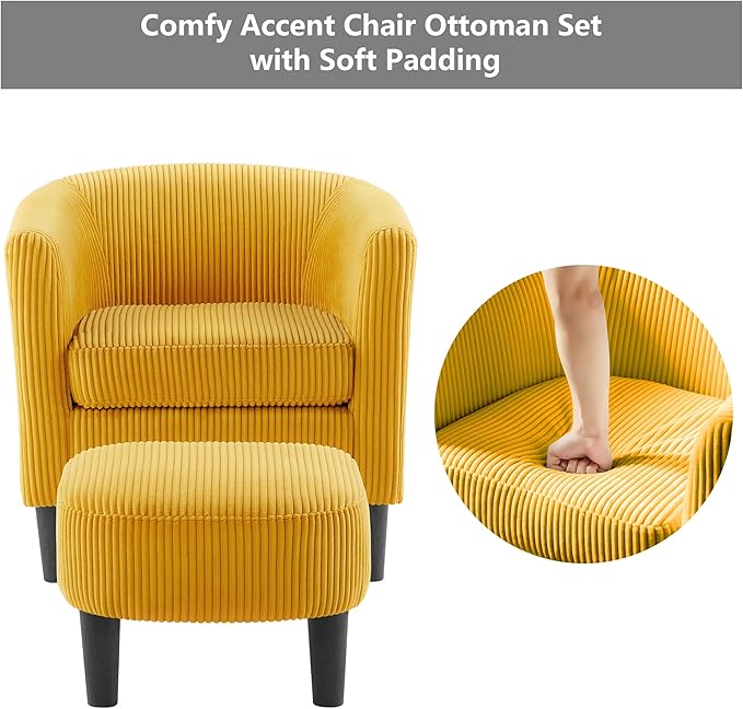 mikibama Accent Chair with OttomanCorduroy Accent Armchair with FootrestModern Mid Century Barrel Chair with Foot StoolSingle Sofa Club Chair for Living RoomBedroomOffice (None Swivel Yellow)
