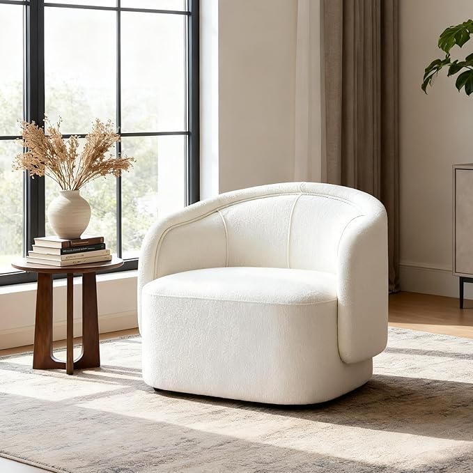 Scott Living Amanda Carly Low Profile Accent Chair Round Backrest Side Chair Living Room Armchair with Boucle Fabric Cushion Comfy Reading Chair for Bedroom Wooden Single Lounge Sofa Cream