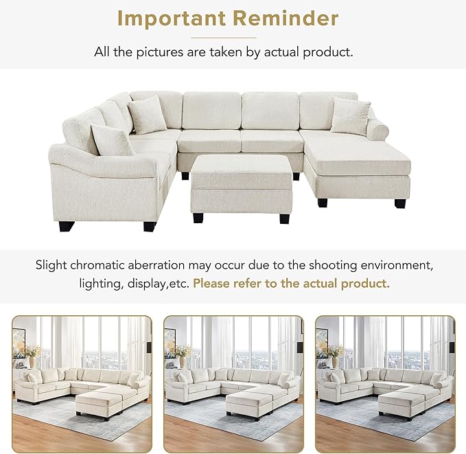 P PURLOVE Sectional Sofa Velvet Large Sectional Sofa with Right Side Chaise Wide Chaise Lounge Couch with Ottoman for Living Room (White)