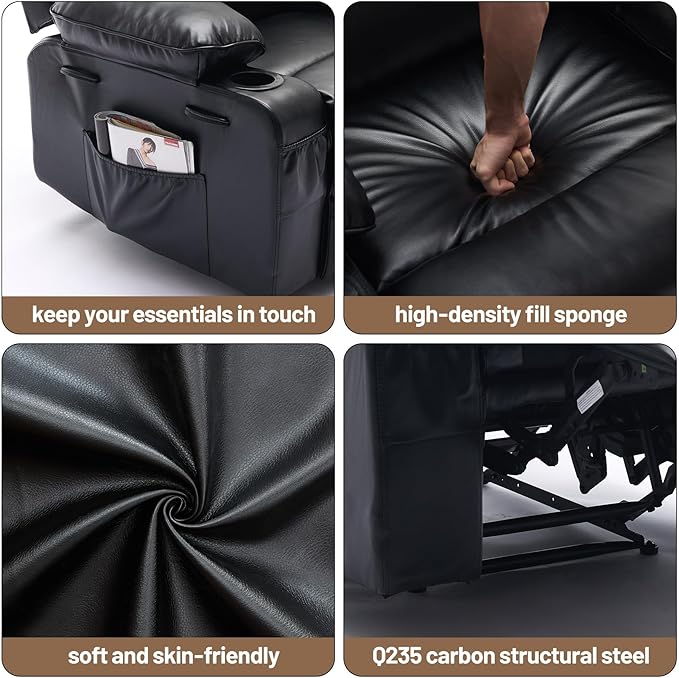 PU Leather Recliner Chair with Heat &amp 8-Point Massage Extra Wide Manual Recliner for Adults q235 Steel Frame Side Pockets 1.5X Comfort Arm &amp Back Lazy Boy Sofa for Living Room or Bedroom