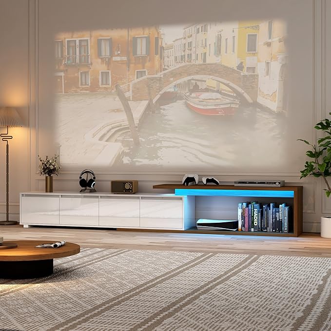 Extendable TV Stand with LED Light Modern Entertainment Center for up to 120 Inch TV Wood TV Media Console with 2 Drawers &amp 2 Cabinets for Living Room Bedroom 75-110 High Gloss White &amp W