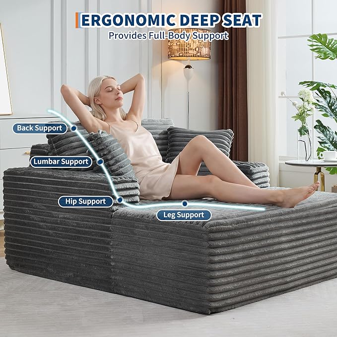 IDEALHOUSE 64 Oversized Chaise Lounge Chair Indoor Upholstered Boneless Sofa Bed with Throw Pillows Cup Holders and Armrests Comfy Corduroy Sleeper Couch for Living Room Bedroom Office (Grey)