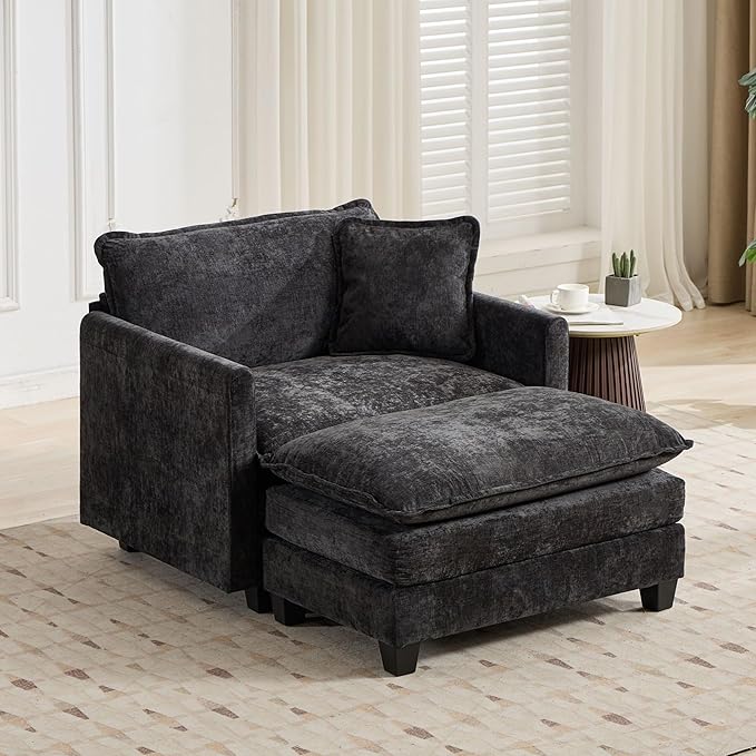 Setawix Modern Modular Sectional Sofa Chair with Movable Ottoman 42 Upholstered Chenille Comfy Fluffy Cloud Deep Seat Couch Oversized Single Armchair with Throw Pillow for Living Room Black