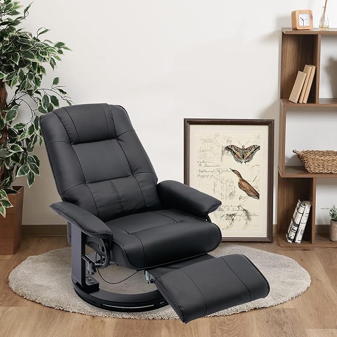 Faux Leather Manual ReclinerAdjustable Swivel Lounge Chair with FootrestCan Rotate 360 DegreesL-Right Angle Curved Wooden Frame Armrest and Wrapped Wood Base for Living RoomBlack