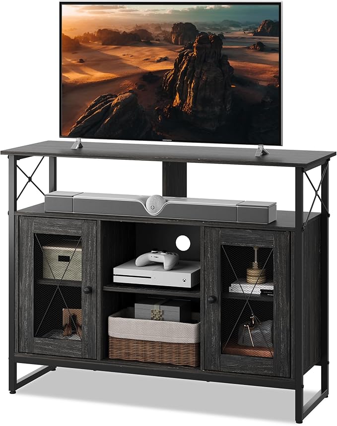 WLIVE TV Stand for 43 Inch TV Small Entertainment Center with Storage Cabinet &amp Adjustable Shelves Farmhouse Industrial TV Stands for Living Room and Bedroom 32 TV Console Black