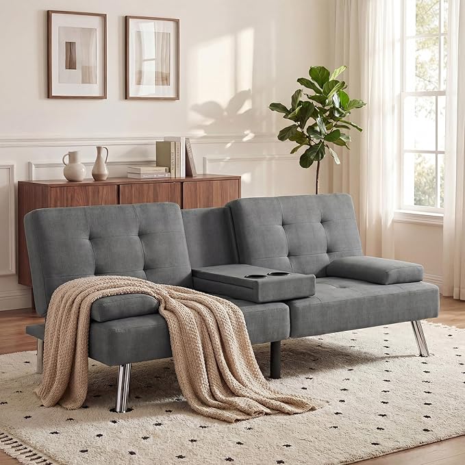 YESHOMY Modern Futon Sofa Bed Convertible Futon Couch with Adjustable Backrest Futon Loveseat Sleeper Sofa Bed with Armrest for Living Room Small SpacesLinen Fabric Dark Gray