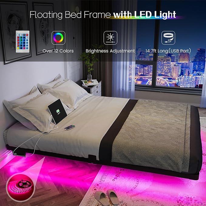 OLEVS Floating Bed Frame Queen Size with Smart LED Lights and Charging Station - Modern Metal Platform Bed Easy Assembly No Box Spring Needed