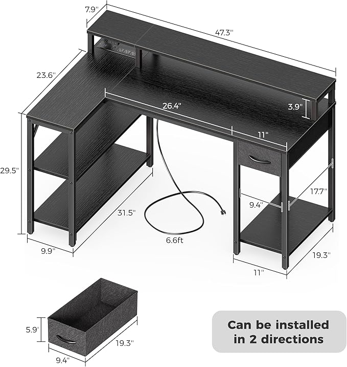 SUPERJARE 47 inch L Shaped Gaming Desk with LED Lights &amp Power Outlets Reversible Computer Desk with Shelves &amp Monitor Stand Corner Desk with Drawer for Home &amp Office Black