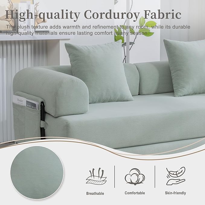 4‑in‑1 Convertible Sleeper Sofa Bed DIY Combination Floor Sofa Lounge Couch with Cylindrical Pillow Corduroy Futon Folding Mattress Couch for Apartment Bedroom Playroom Mint Blue
