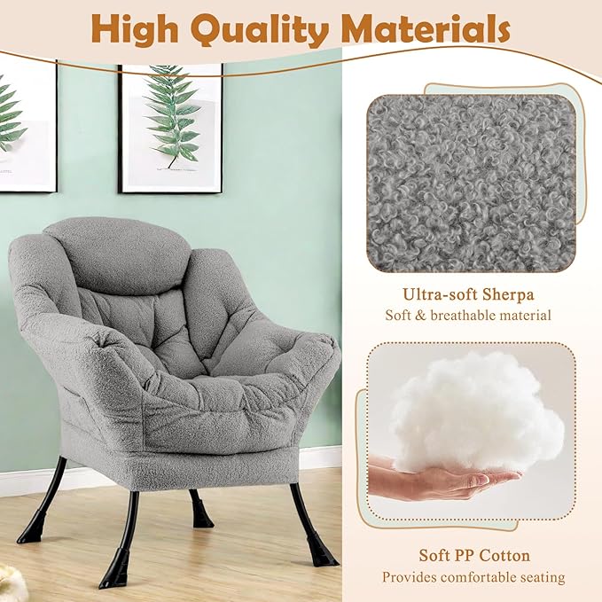 GORELAX Modern Lazy ChairUpholstered Lounge Accent Chair Single Leisure Sofa Chair with Armrests &amp Side Pocket Comfy Reading Chair for Bedroom Living Room Dorm Room (Plush Grey)