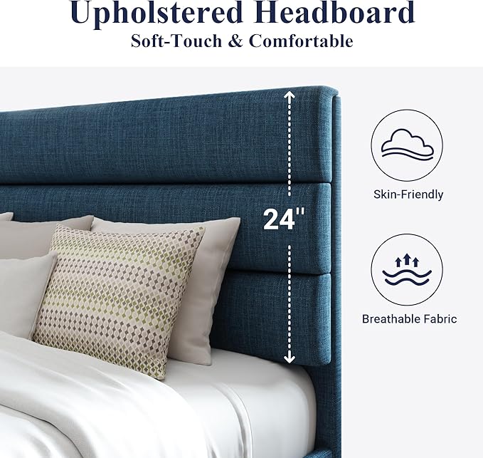 Allewie Queen Size Platform Bed Frame with Fabric Upholstered Headboard and Wooden Slats Support Fully Upholstered Mattress Foundation/No Box Spring Needed/Easy Assembly Navy Blue