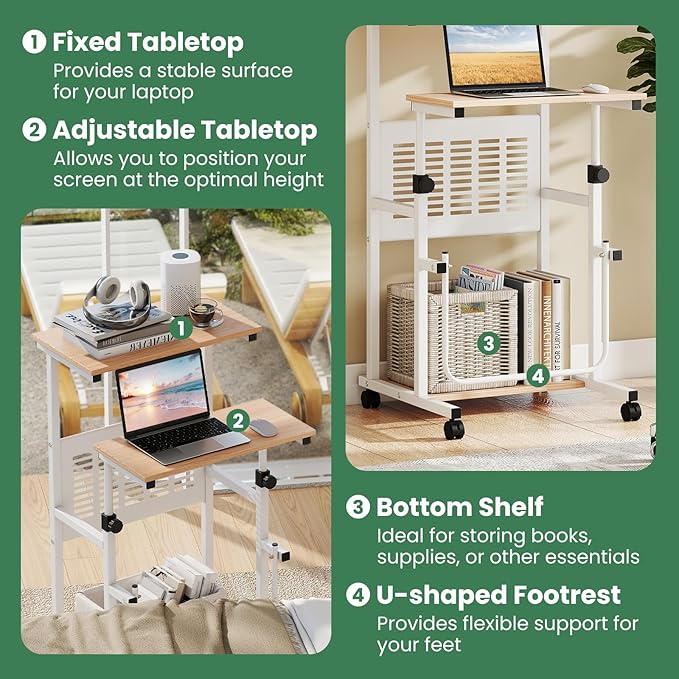 Tangkula Adjustable Standing Desk Mobile Rolling Computer Desk with Storage Shelf Portable Laptop Table with Footrest Mesh Panel Lockable Wheels Sit Stand Workstation for Home Office