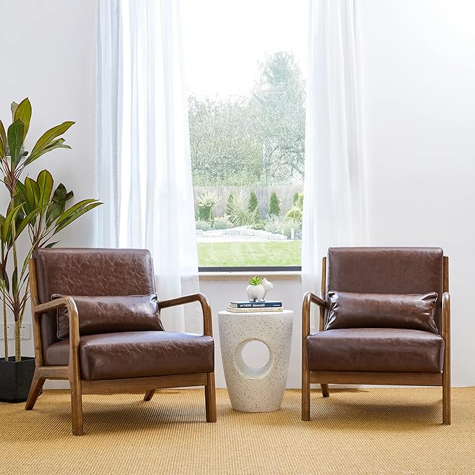 Glitzhome 2 Set Mid Century Coffee Accent Armchair Single Reading Armchair PU Leather Lounge Chair with Walnut Ruberwood Frame